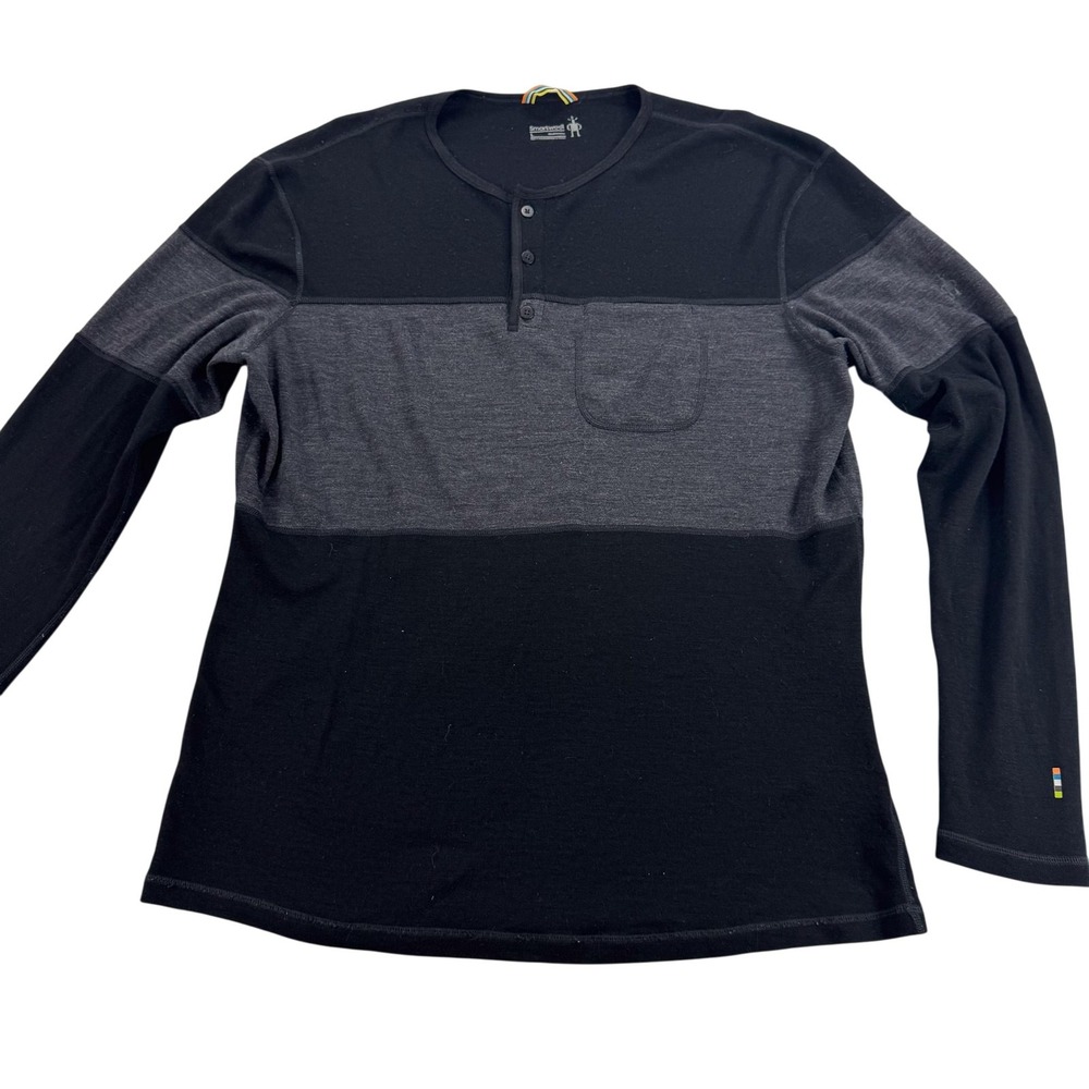 Smartwool‎ Mens Large Black Gray Colorblock Henley Merino Wool Shirt SW014018